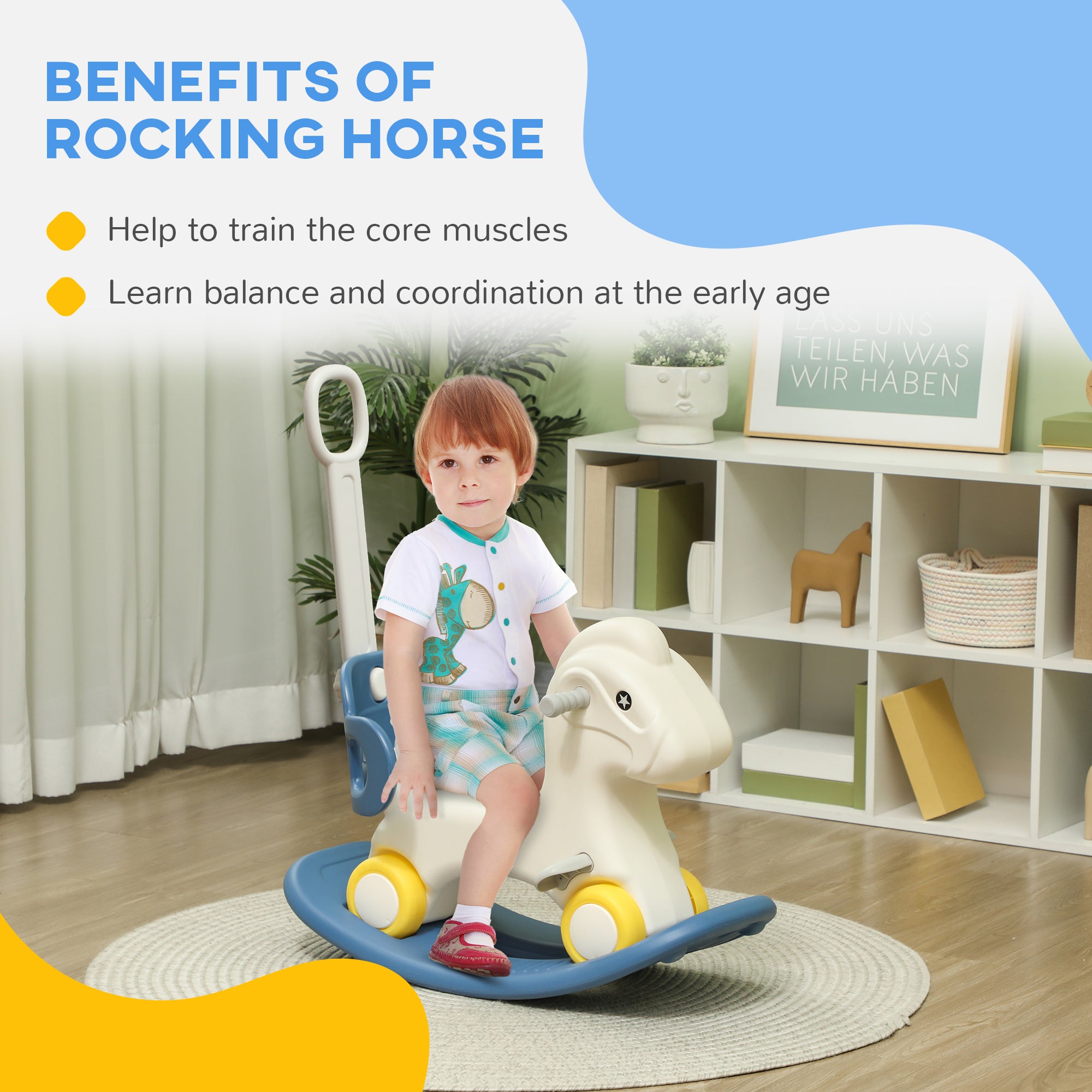 4 in 1 Rocking Horse for Toddles 1-3 Years with Detachable Push Handle & Balance Board, Blue
