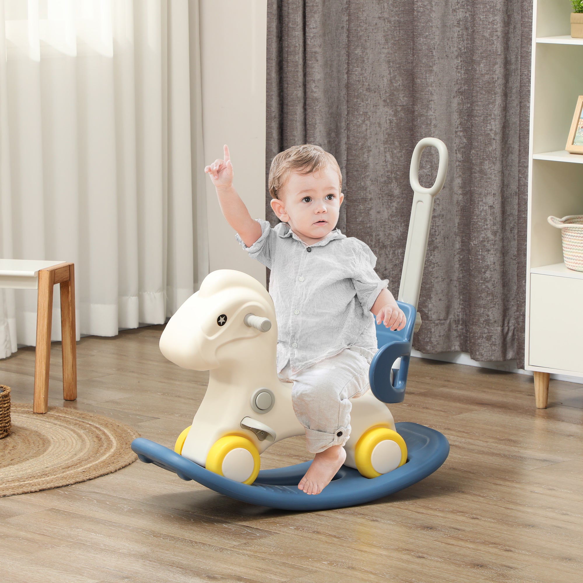 4 in 1 Rocking Horse for Toddles 1-3 Years with Detachable Push Handle & Balance Board, Blue
