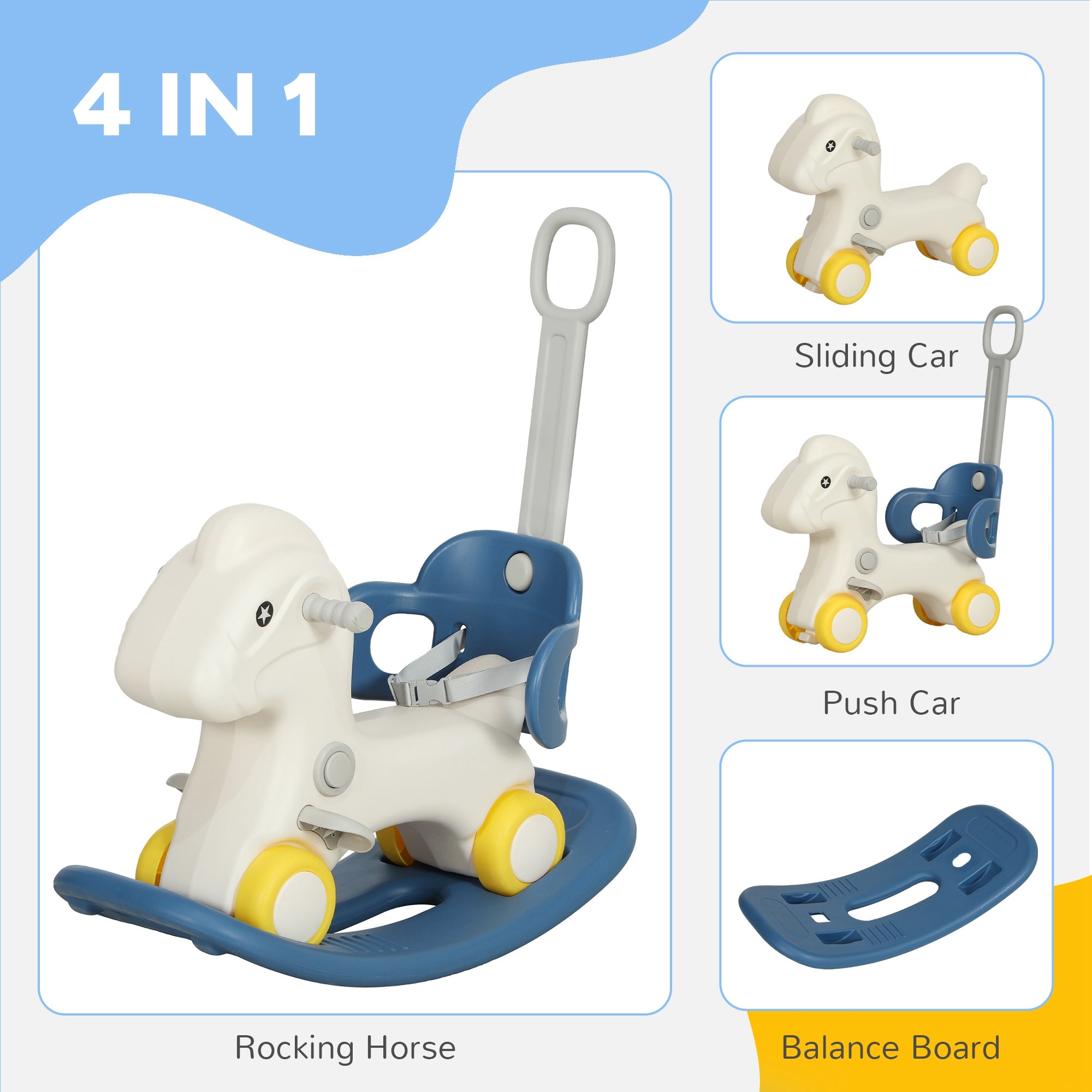 4 in 1 Rocking Horse for Toddles 1-3 Years with Detachable Push Handle & Balance Board, Blue
